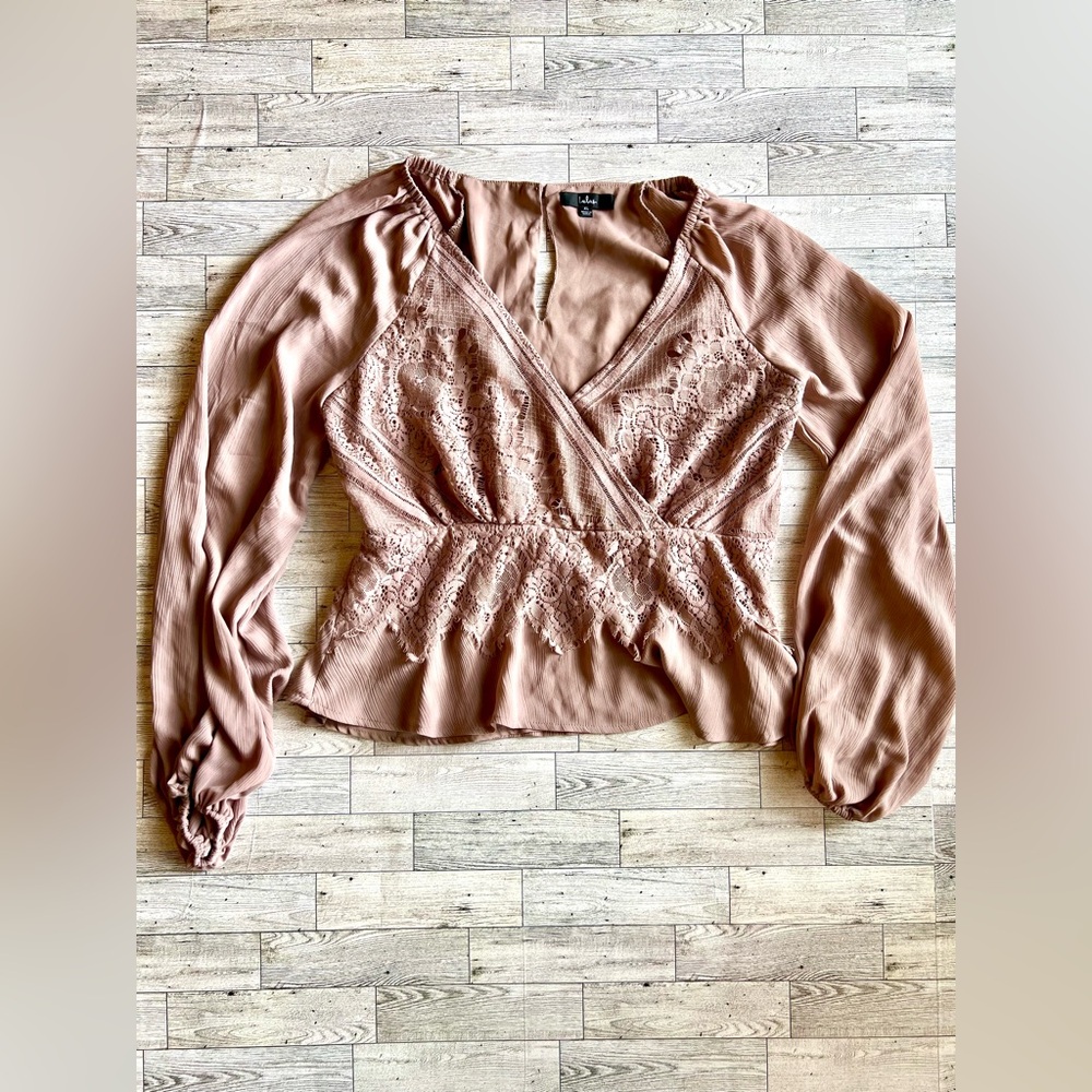 Lulu’s Taupe, Peplum, Lace, Crop Top